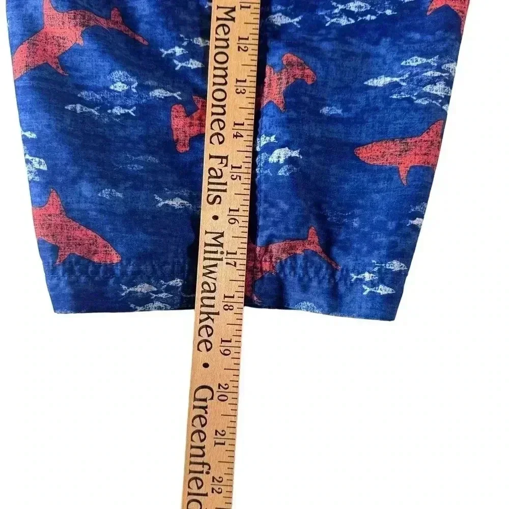 Land's End Boys Size L 14-16 Swimsuits Swim Shorts Trunks Blue Shark Drawstring